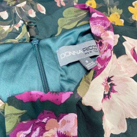 DONNA RICCO Floral Flutter Sleeve Tie Waist Midi Twist Neck Midi Dress Green 8 - Picture 4 of 5
